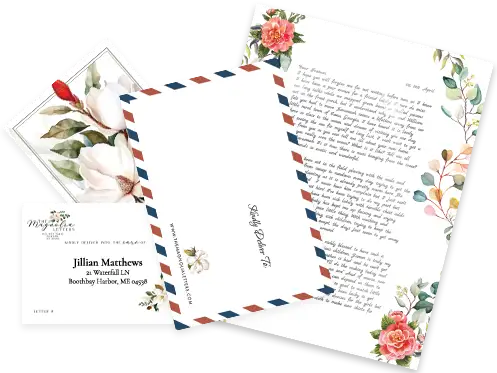 Image of front and back of envelope, handwritten letter on flower stationery and a postcard